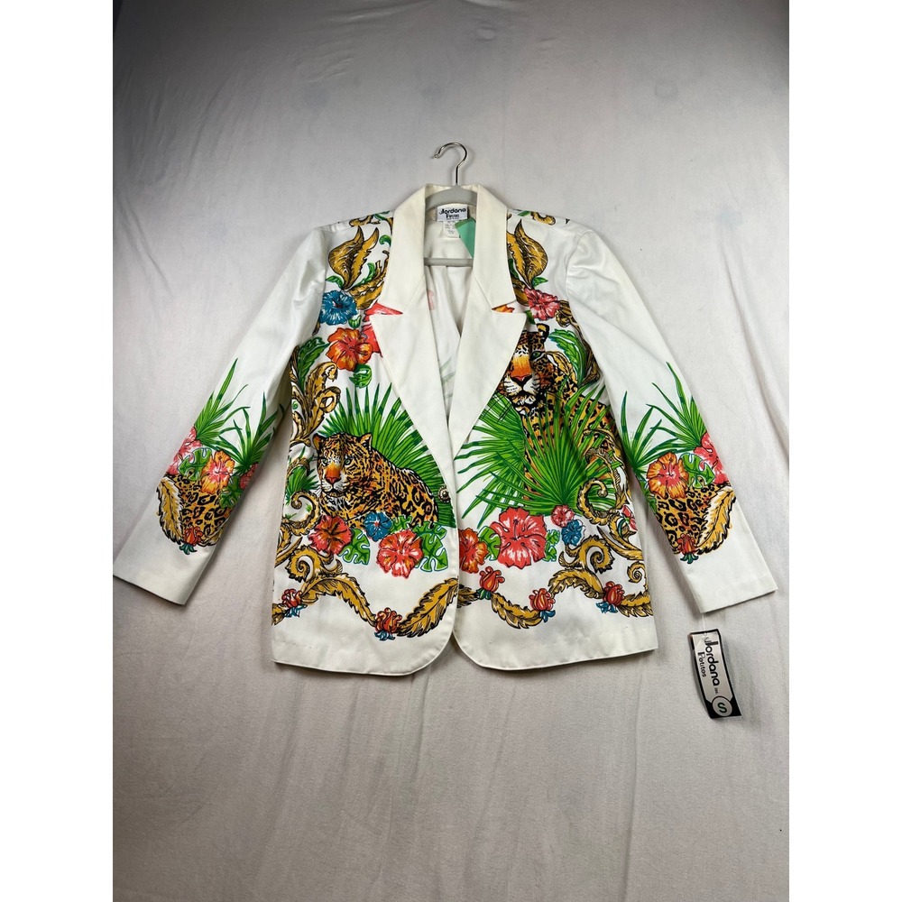 Vintage Jordana Petites Leopard Tropical Print Blazer White Small Made in USA